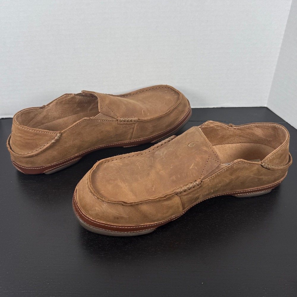 OluKai Mens 11.5 Brown Moloa Leather Drop-In Heel Slip On Shoes 10128-2733